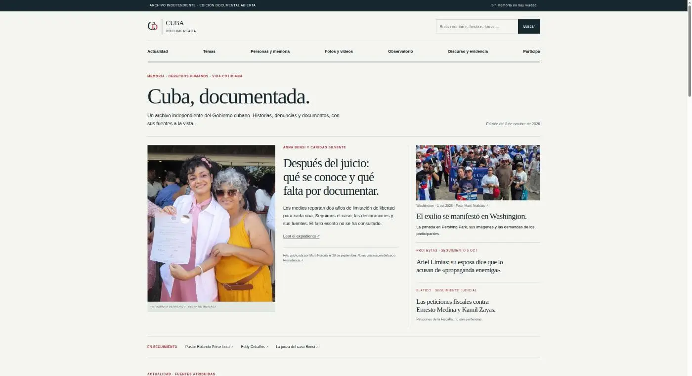 Página inicial de Cuba Documentada, um arquivo editorial independente