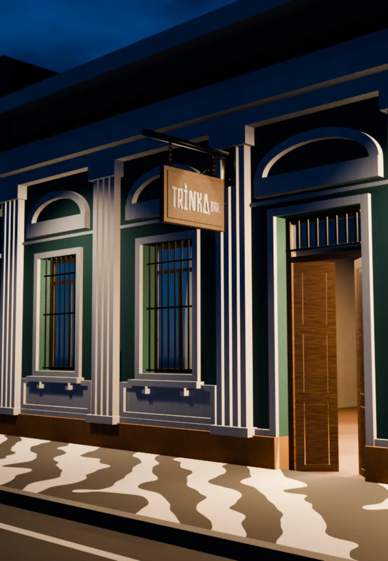 Trinka Bar facade, 3D render at night
